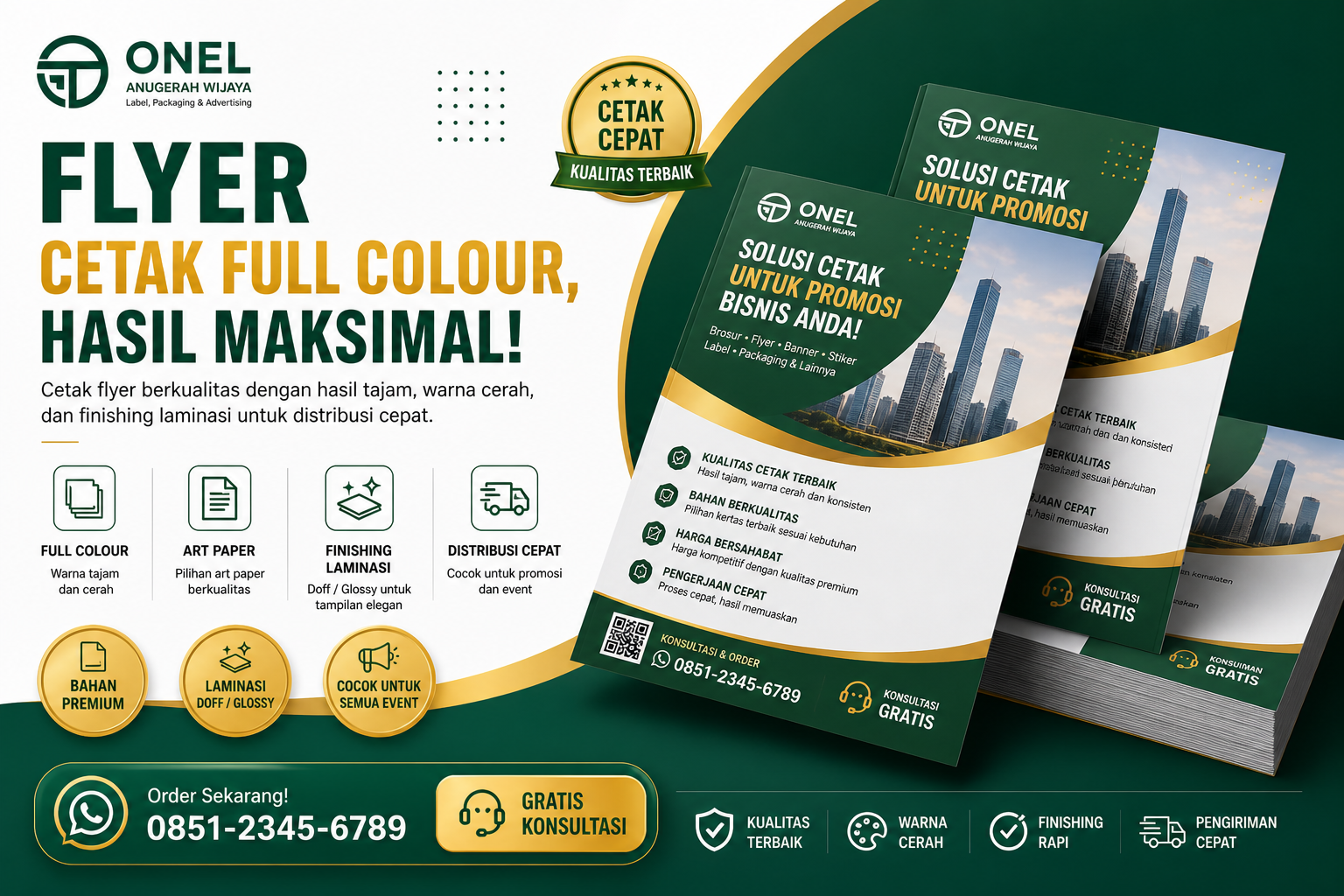 Flyer cetak full colour, art paper, laminasi doff/glossy — ONEL Anugerah Wijaya